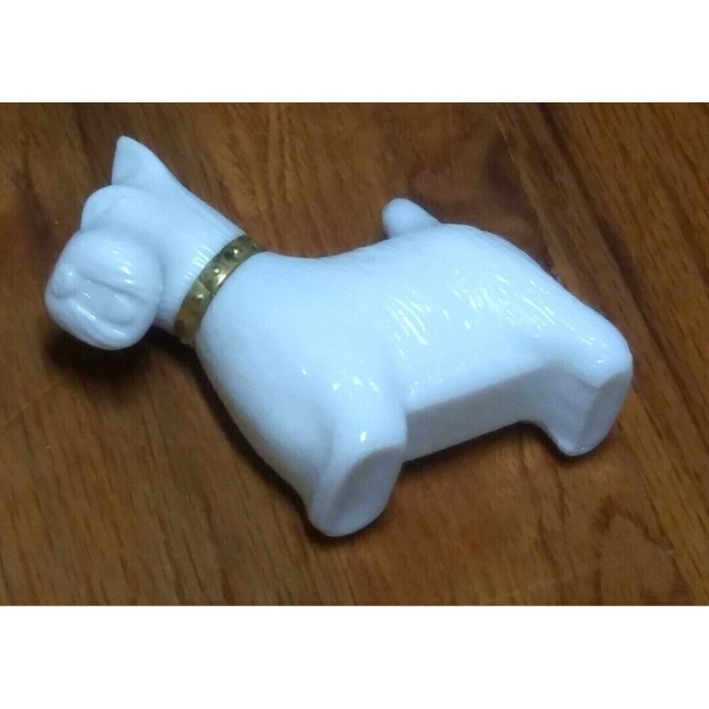 Vintage Scottish Terrier Dog Cologne Bottle Avon EMPTY Milk Glass gold trim EUC